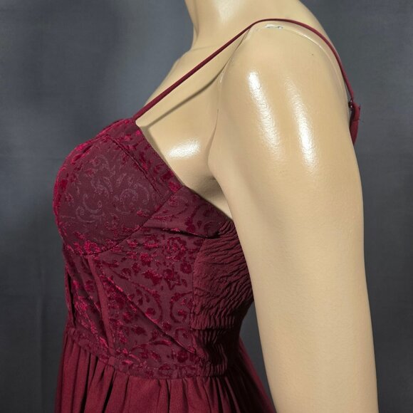 Y2K Fit Flare Whimsigoth Dress M Burgundy Flocked Velvet Corset Mini Pockets - Picture 7 of 10